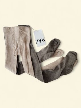 NEW Zara Girls 4-6Y Taupe/Oatmeal Neutral Tights Minimalist Winter Fall 2-Pack